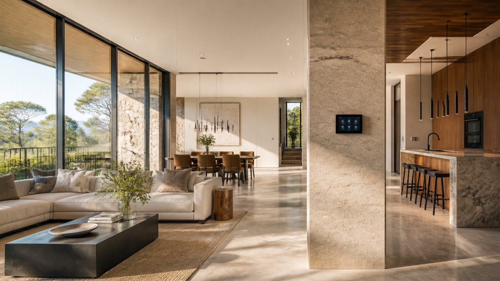 Luxury open-plan space with a home-automation control panel built into the column