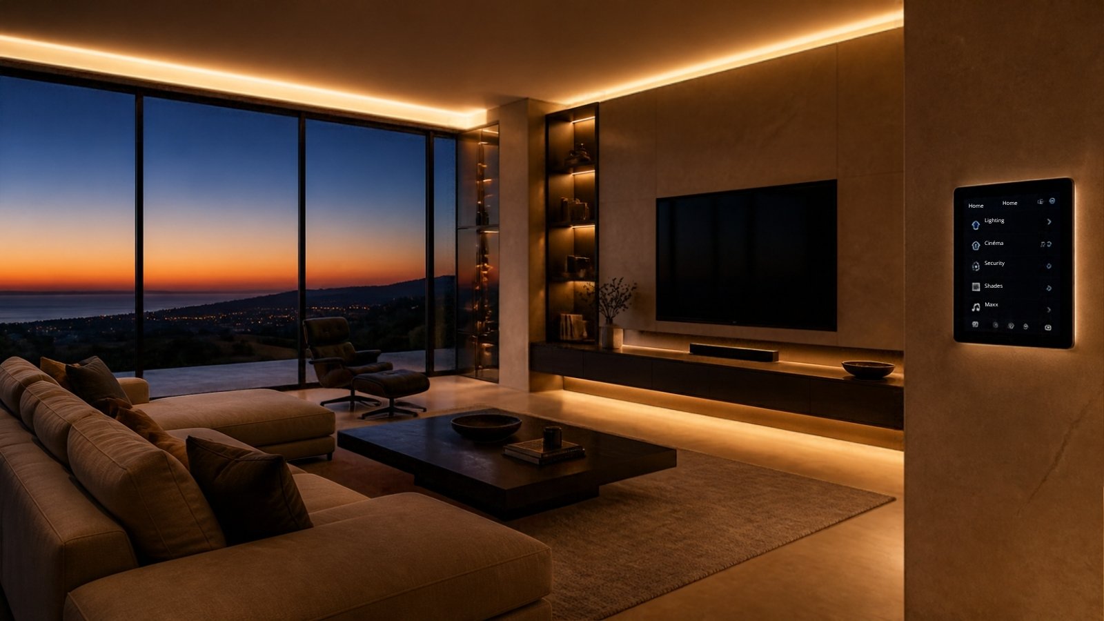 Luxury living room at dusk with a wall-mounted home-automation control panel